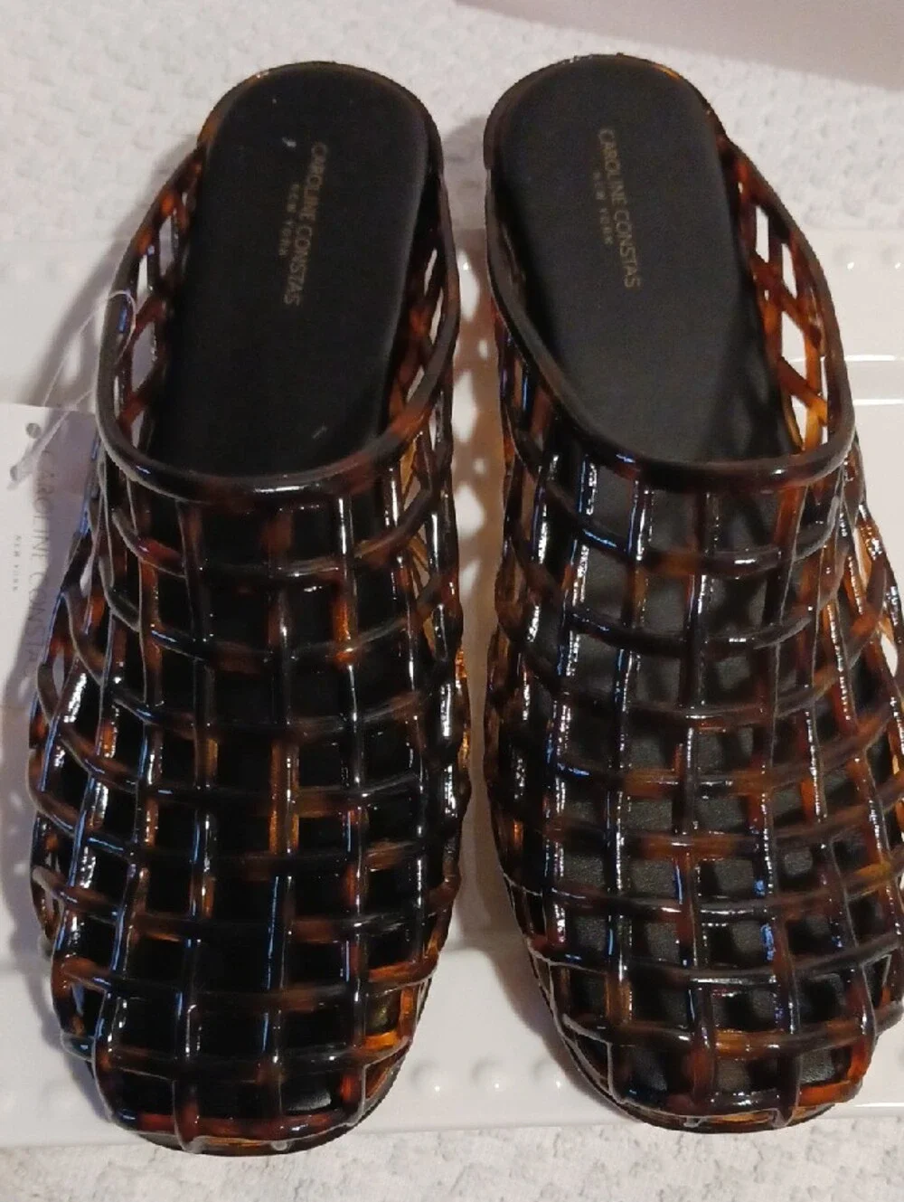 Gorgeous! Caroline Constas ⚜️Brown Tortoiseshell Weave Jelly Slide Mules 10 - Picture 8 of 9